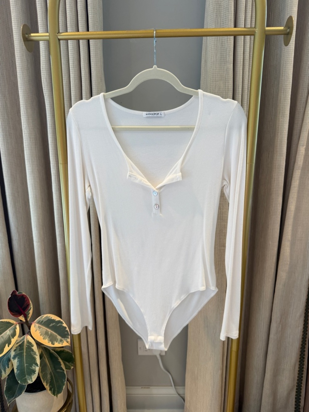 LIKE NEW!! Ribbed Cream Long-Sleeve Henley Bodysuit